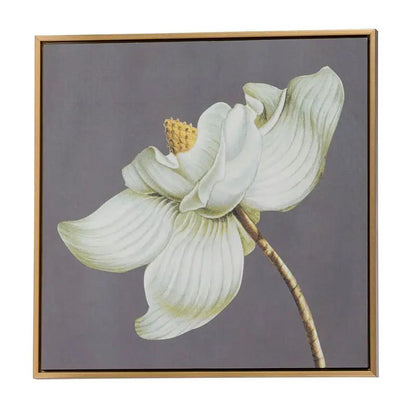 Framed botanical wall art print gray background white magnolia flower with gold frame on Tampa Home & Garden Store