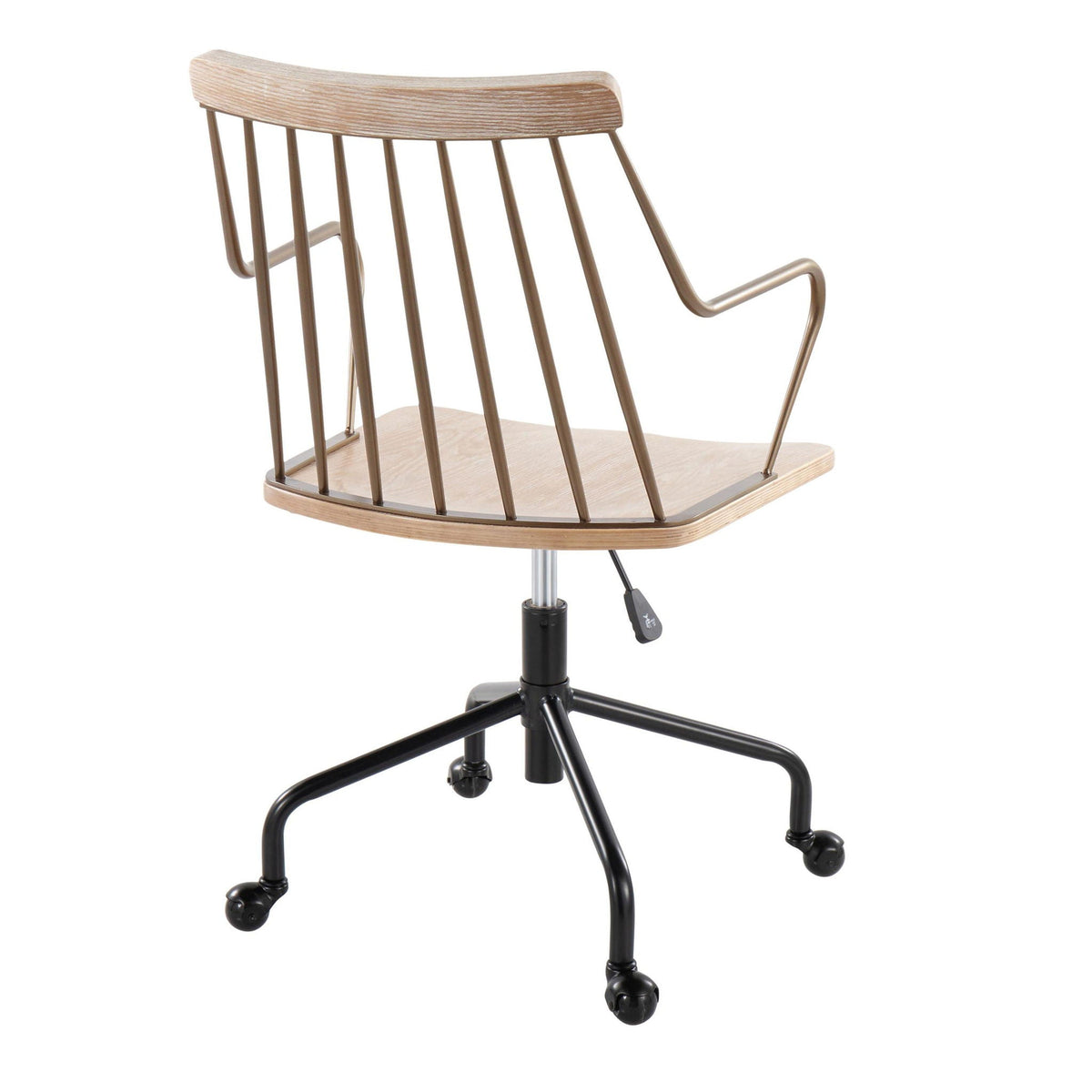 Beige farmhouse adjustable desk chair with wooden slatted back on a swivel base on Tampa Home & Garden Store