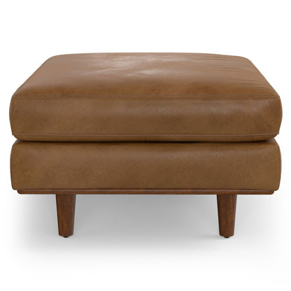 Morrison Handcrafted Ottoman camel leather top, two stacked units with wooden legs on Tampa Home & Garden Store