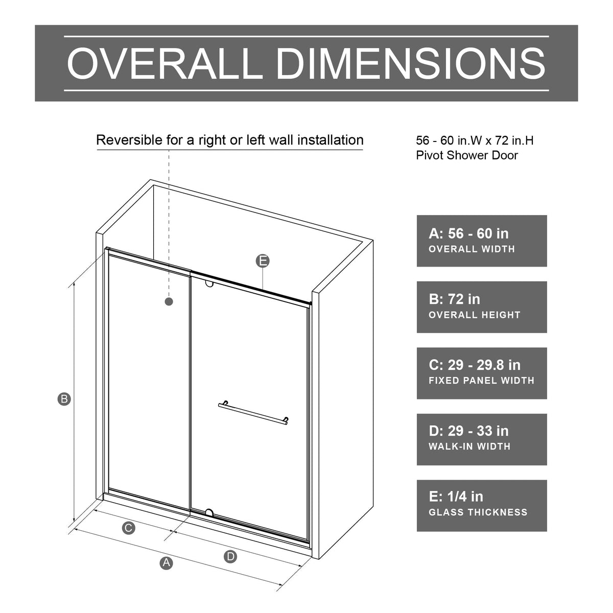Matt Black Pivot Shower Door with Handle by HouseOfZazla, 60 W x 72 H, reversible left/right on Tampa Home & Garden Store