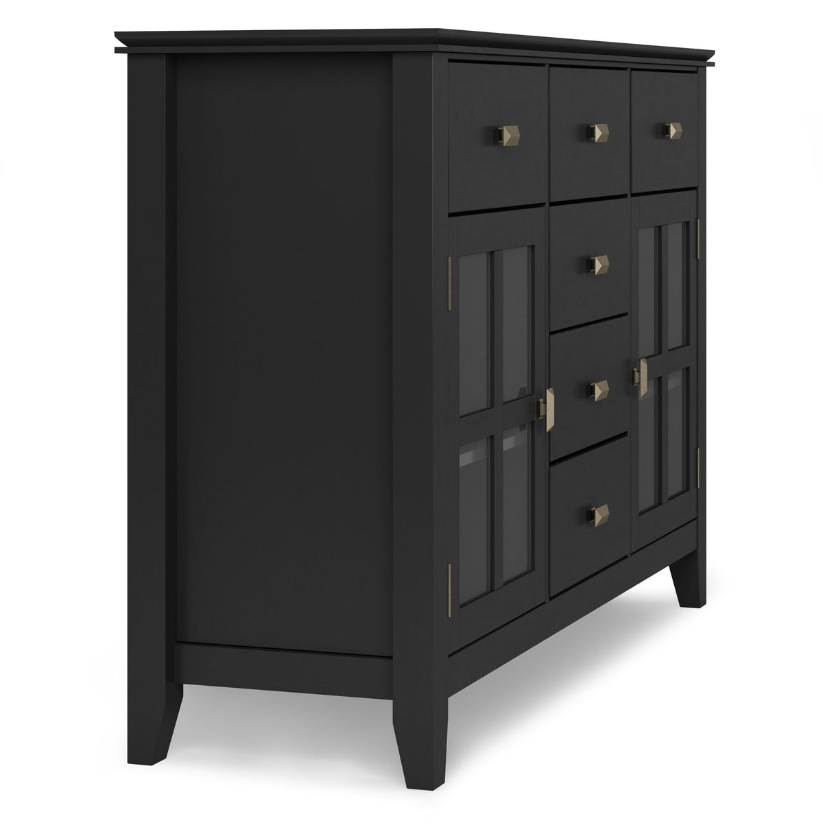 Solid wood black sideboard buffet with glass-front storage and brass square knobs on Tampa Home & Garden Store