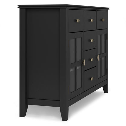 Solid wood black sideboard buffet with glass-front storage and brass square knobs on Tampa Home & Garden Store