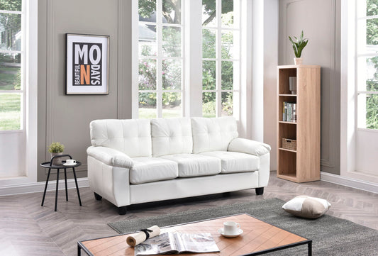 Comfortable Sofa white tufted stationary sofa in a bright living room with large windows on Tampa Home & Garden Store