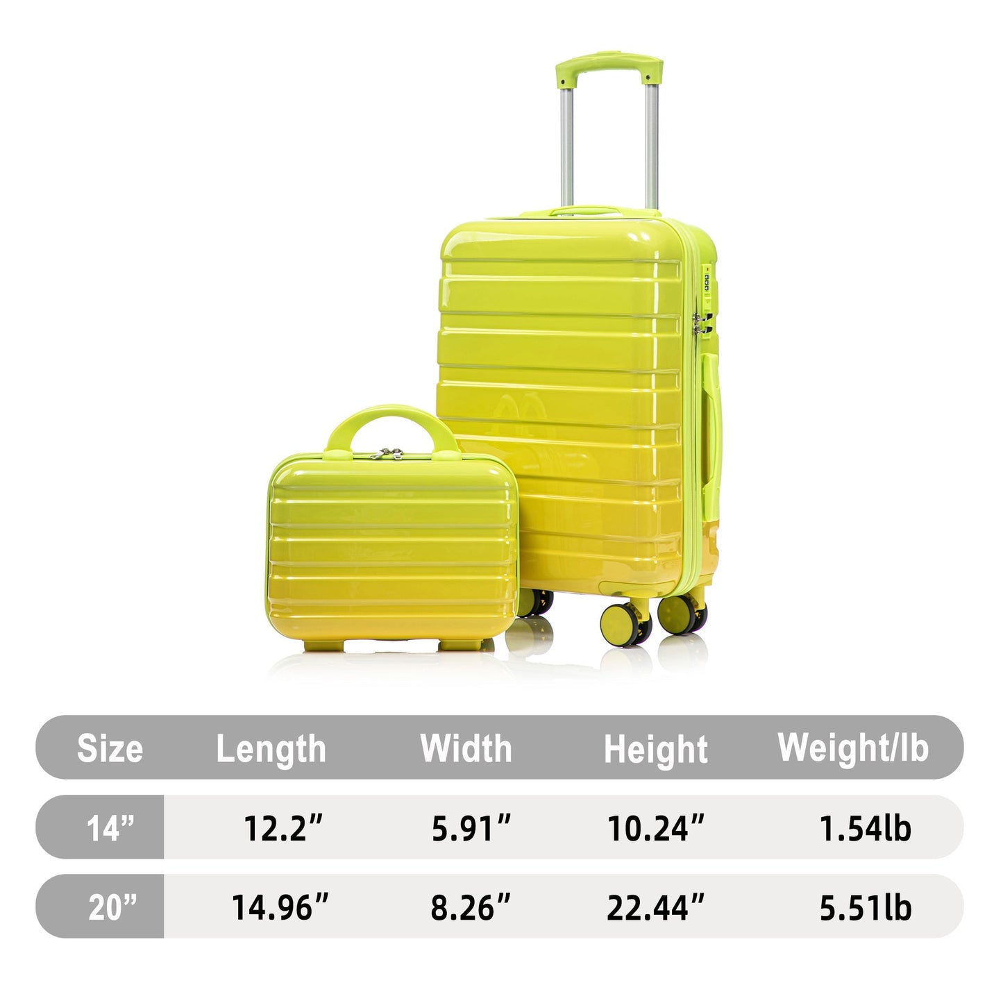 2-piece HouseOfZazla gradient lime spinner luggage set with locking zippers, 14 and 20 in on Tampa Home & Garden Store