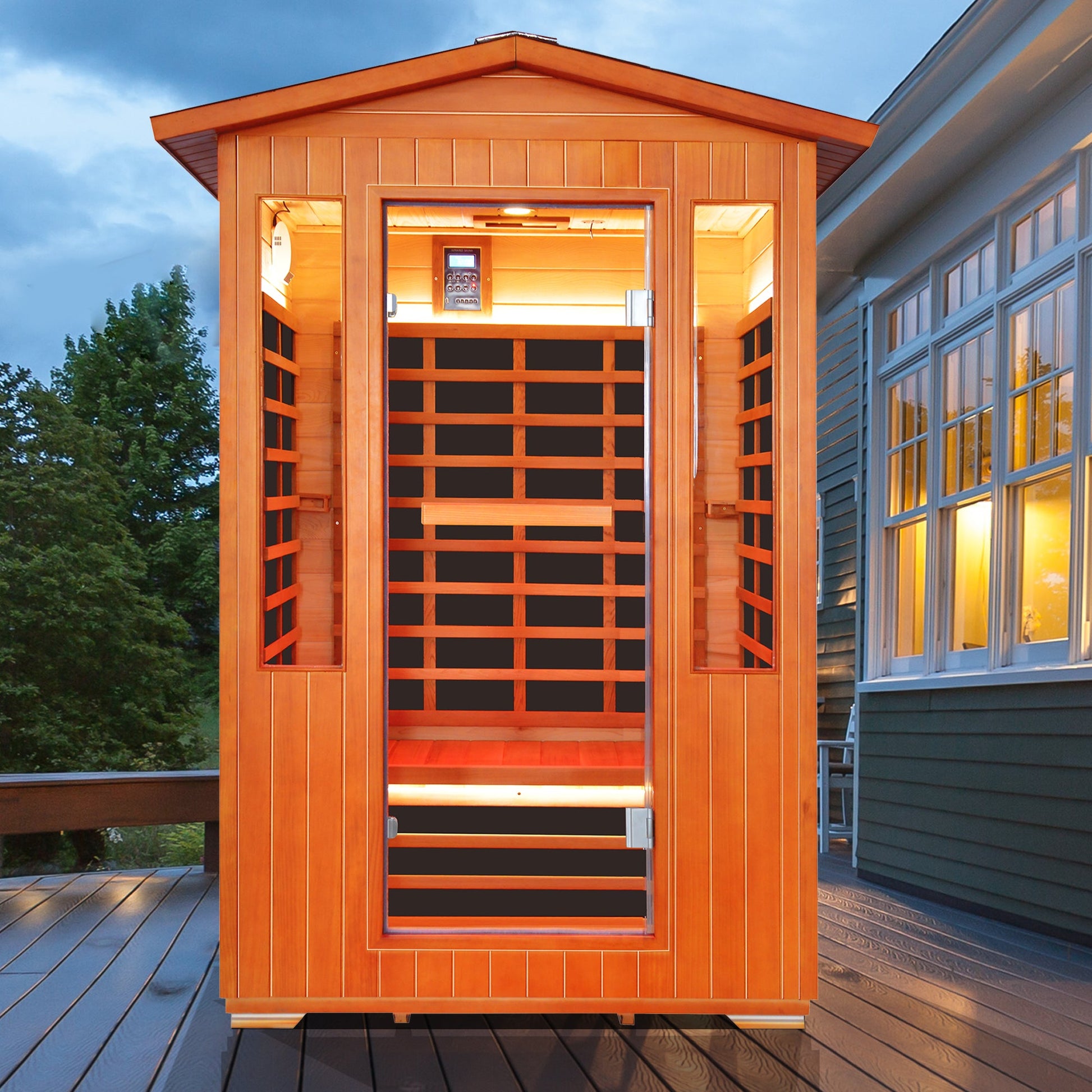 Outdoor sauna room for 2 people in warm cedar wood with glass windows and control panel on deck on Tampa Home & Garden Store
