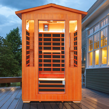 Outdoor sauna room for 2 people in warm cedar wood with glass windows and control panel on deck on Tampa Home & Garden Store