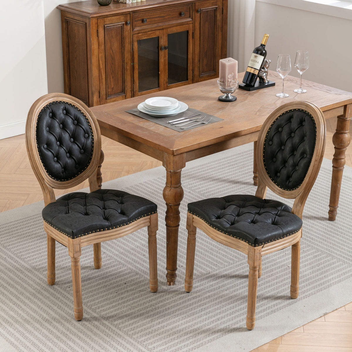 French Style solid wood dining chair set of 4 with nailhead trim, black tufted seats on Tampa Home & Garden Store