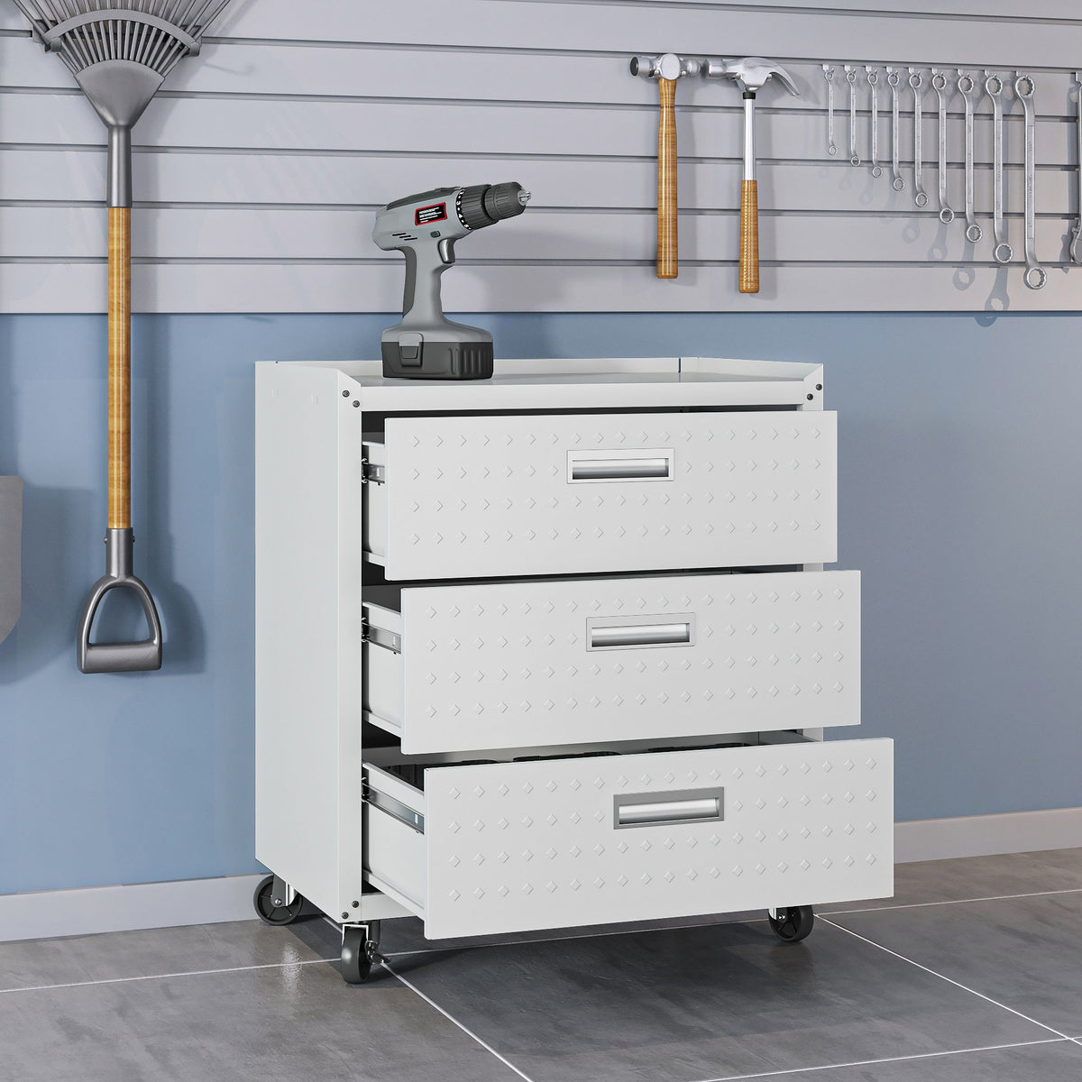 3 Drawer Rolling Garage Cabinet white gray on casters with drill on Tampa Home & Garden Store