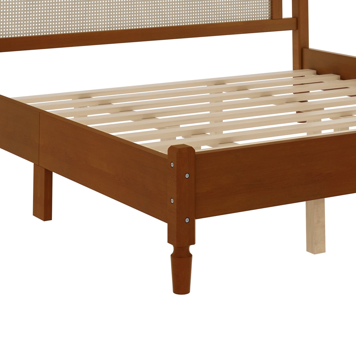 King Size Wooden Platform Bed with Rattan Headboard brown wood frame with slats HouseOfZazla on Tampa Home & Garden Store