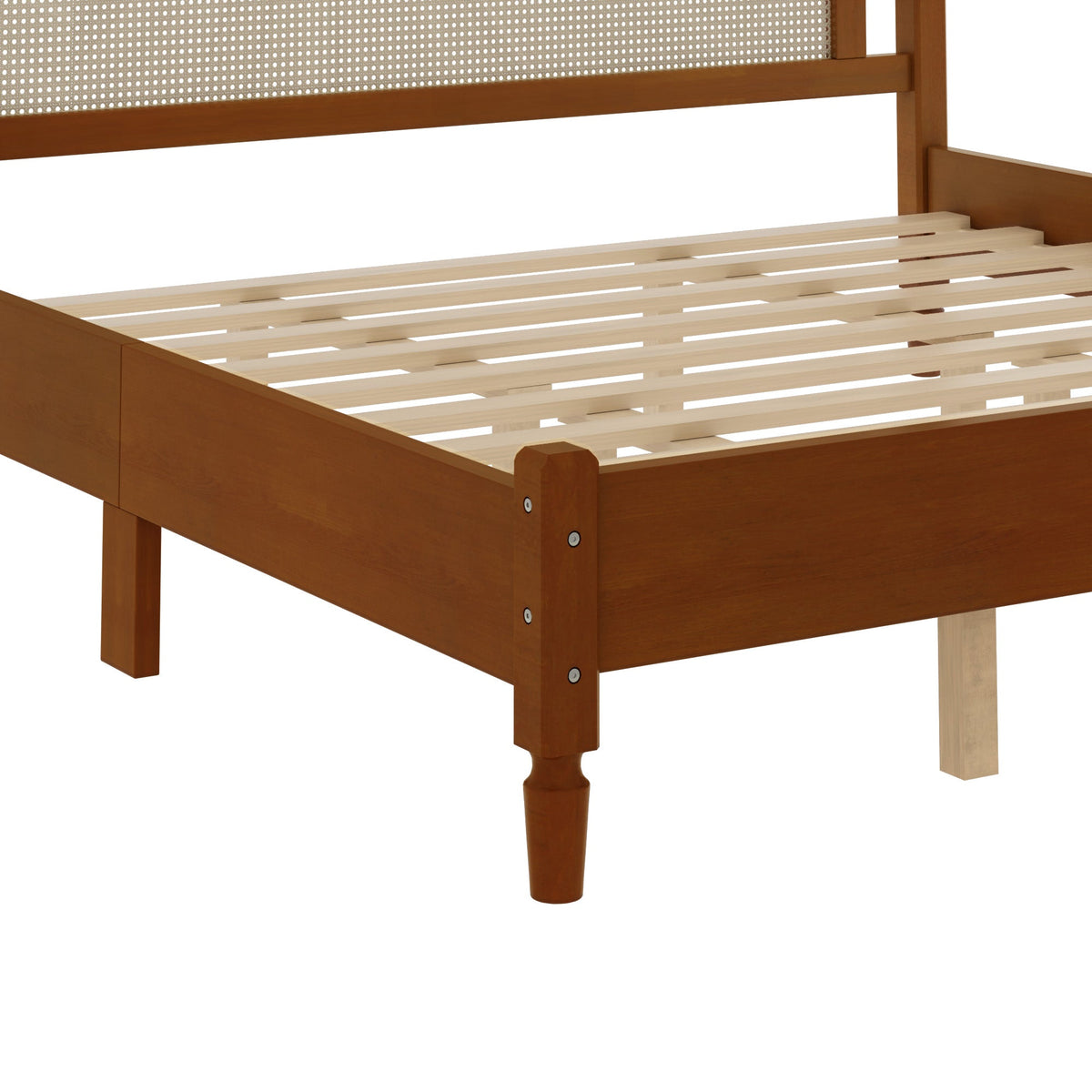 King Size Wooden Platform Bed with Rattan Headboard brown wood frame with slats HouseOfZazla on Tampa Home & Garden Store