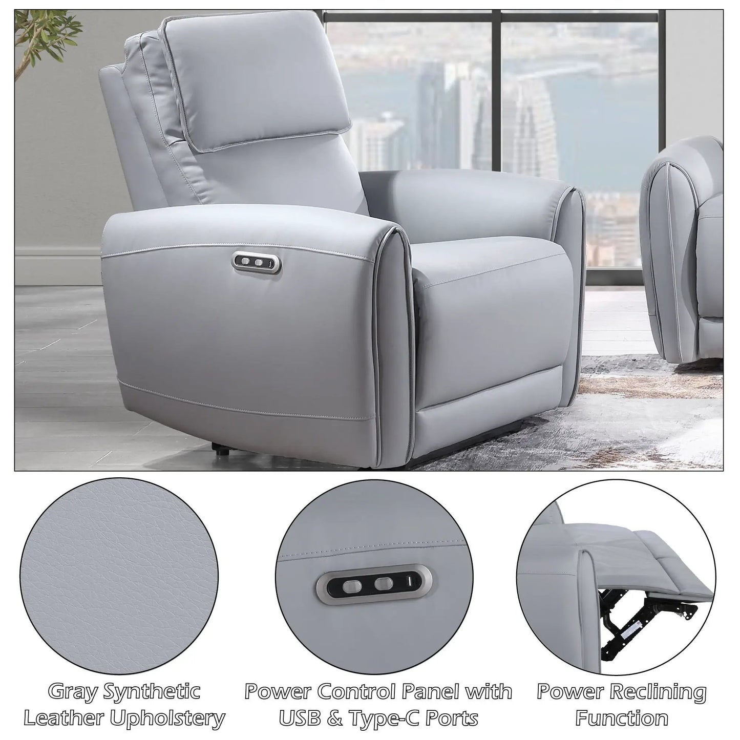Jeromie gray power motion recliner with USB ports, synthetic leather, Unique Piece Furniture on Tampa Home & Garden Store