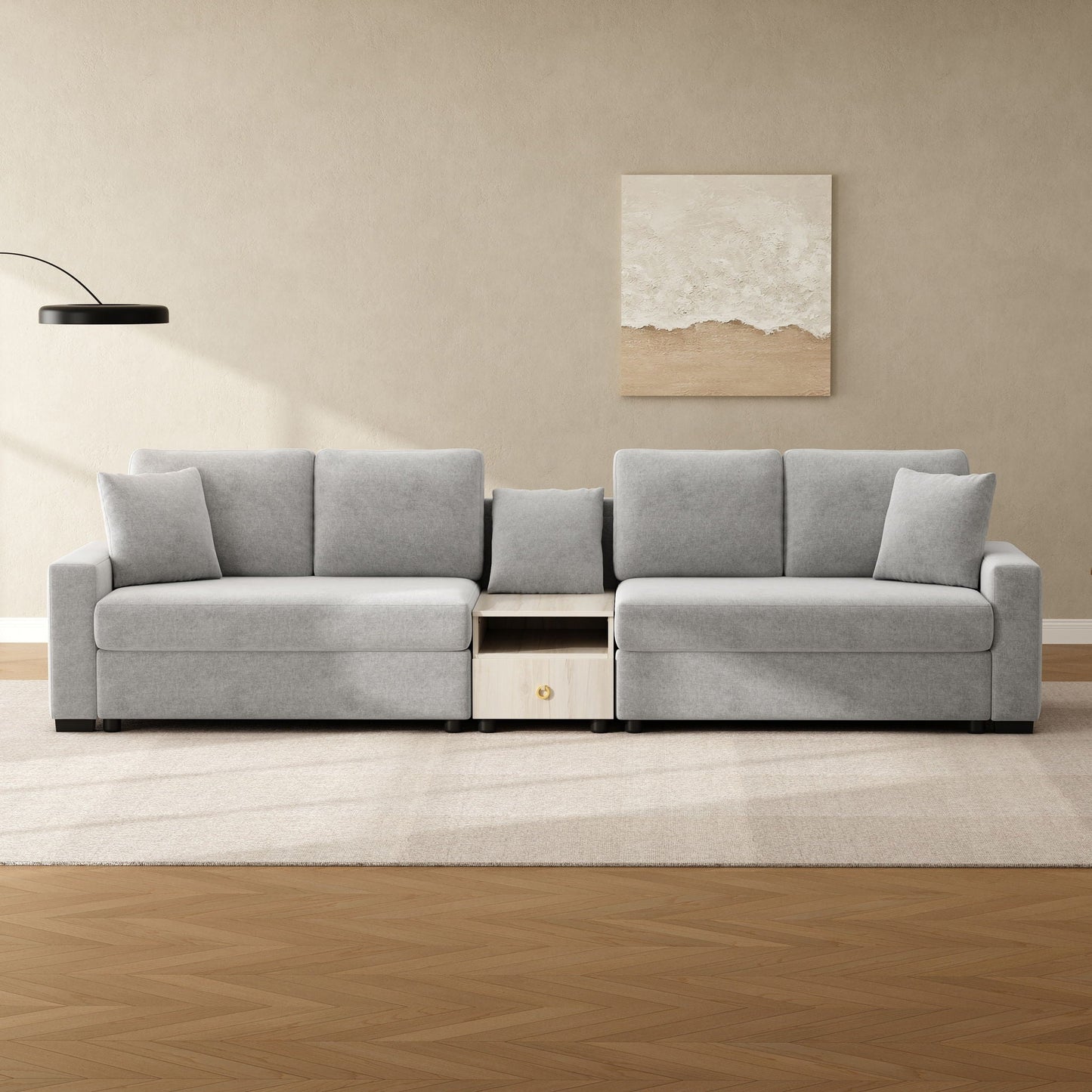 Modular sofa couch with storage armrest and center console in light gray fabric on Tampa Home & Garden Store