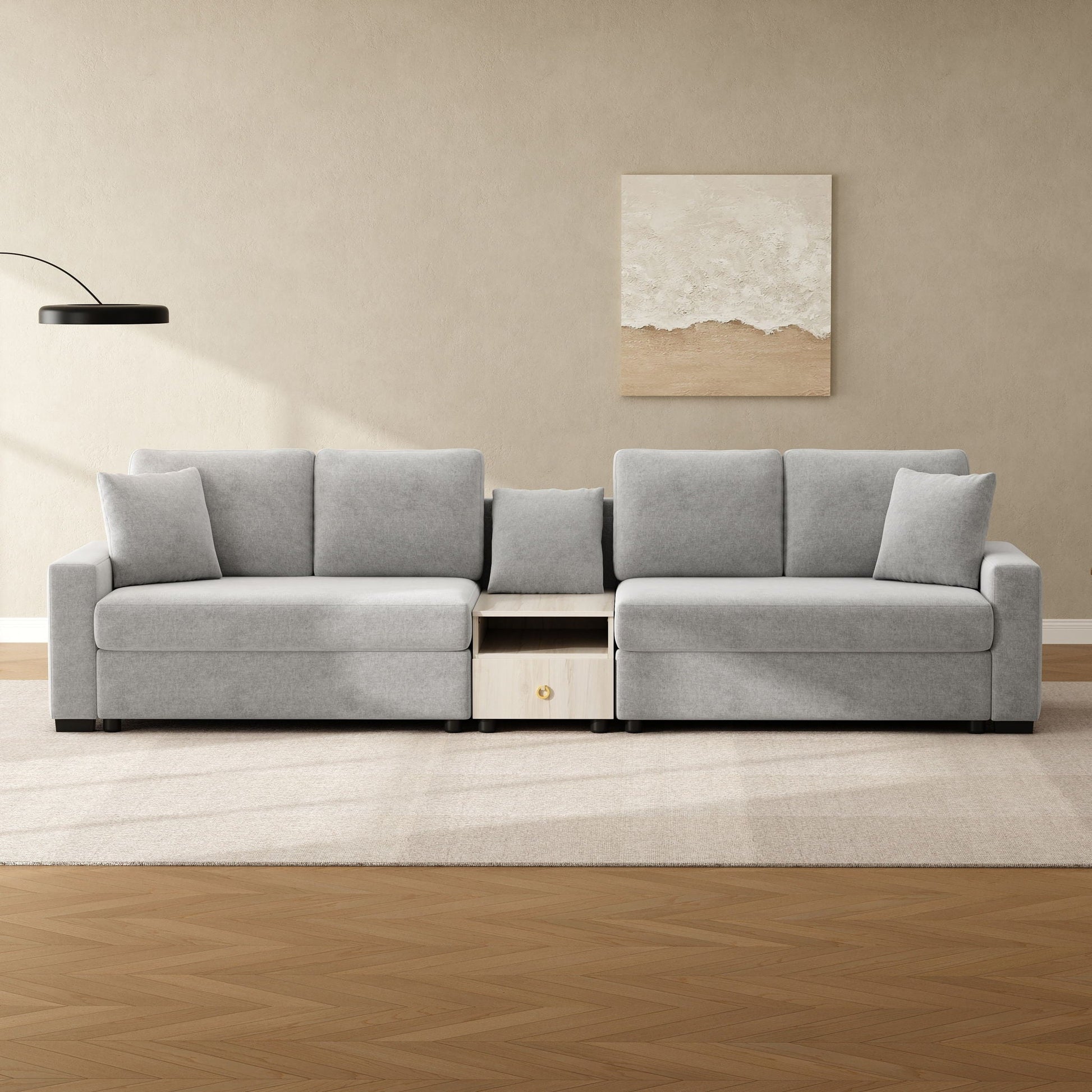 Modular sofa couch with storage armrest and center console in light gray fabric on Tampa Home & Garden Store