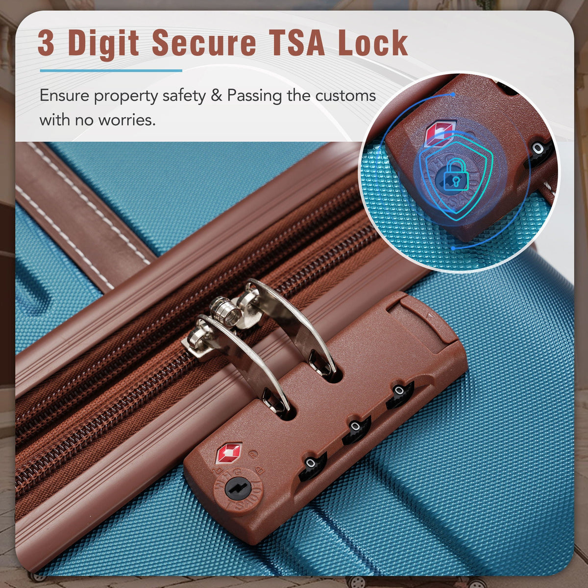 3-piece HouseOfZazla luggage set close-up of brown zippers and locking hardware on blue fabric on Tampa Home & Garden Store