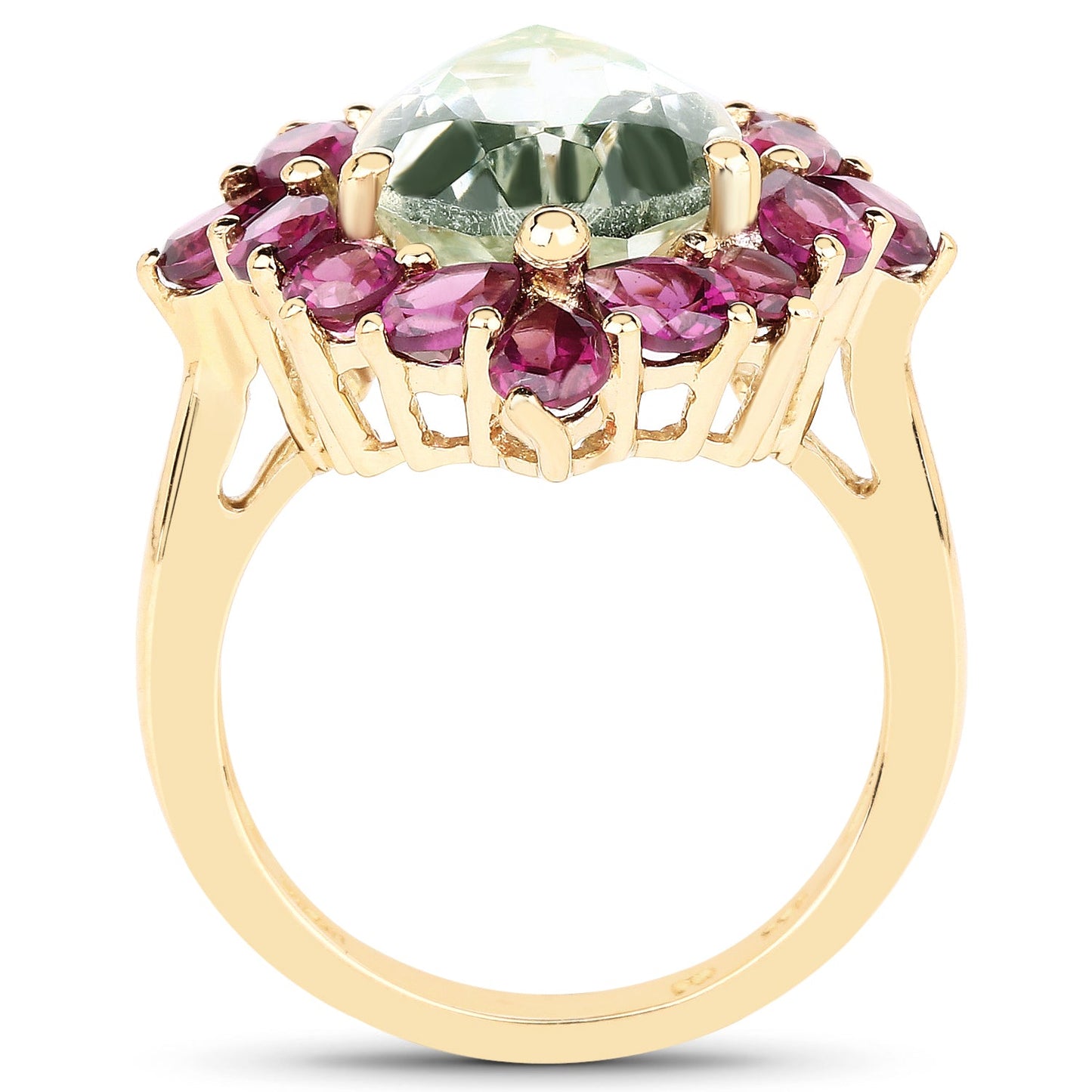 Gold-plated ring with 7.21ct green amethyst center and rhodolite halo on sterling silver on Tampa Home & Garden Store