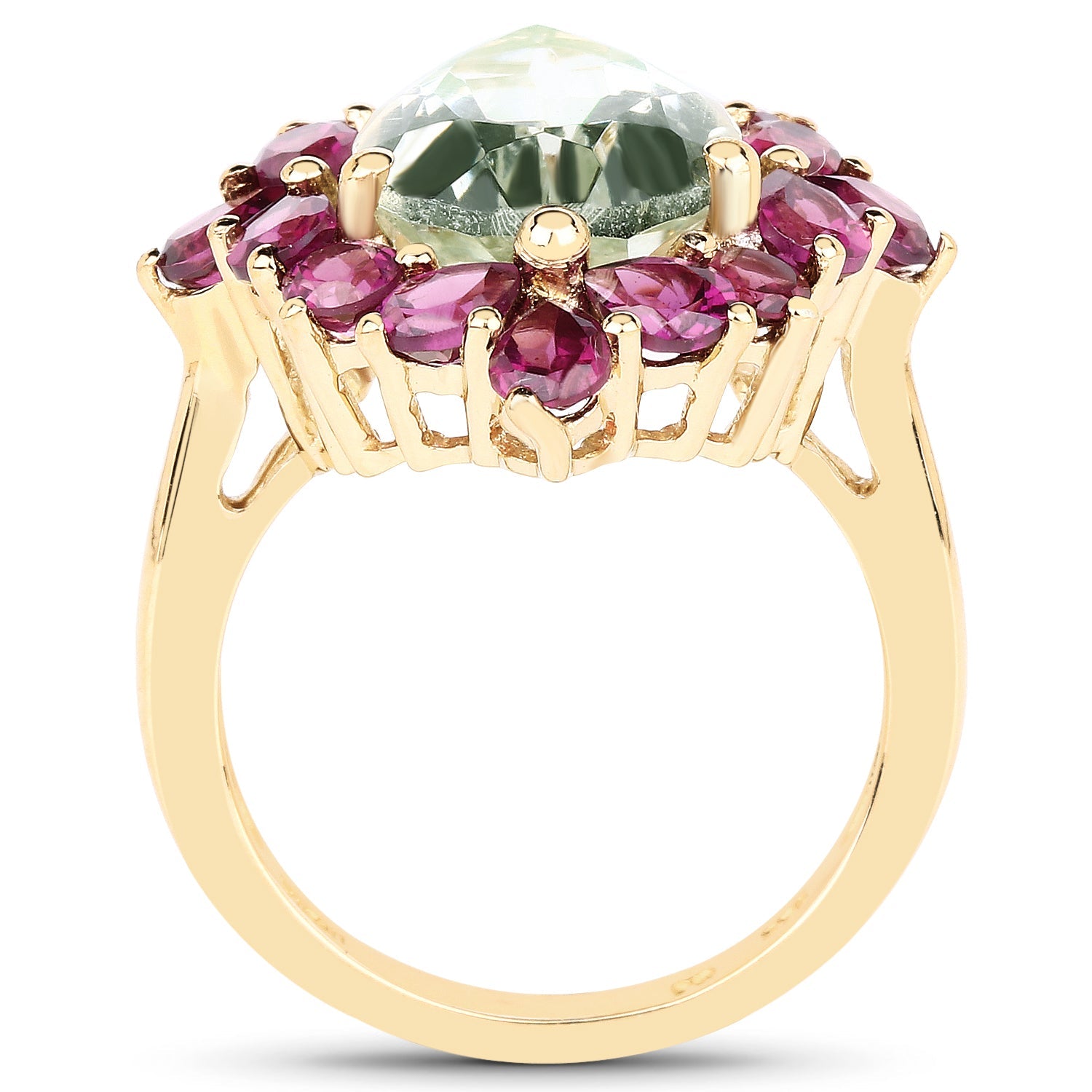 Gold-plated ring with 7.21ct green amethyst center and rhodolite halo on sterling silver on Tampa Home & Garden Store