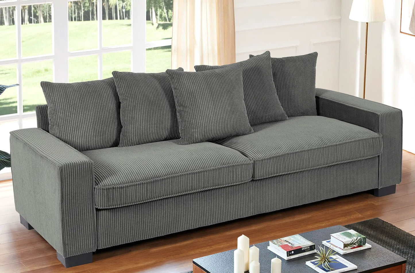Luxe 3 seat sofa by Unique Piece Furniture in charcoal gray corduroy with 5 pillows on Tampa Home & Garden Store