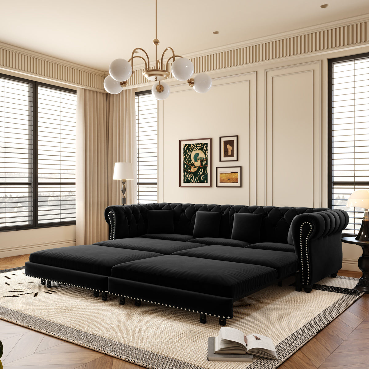 Chesterfield sofa bed in black velvet with tufted arms 3-in-1 convertible HouseOfZazla on Tampa Home & Garden Store