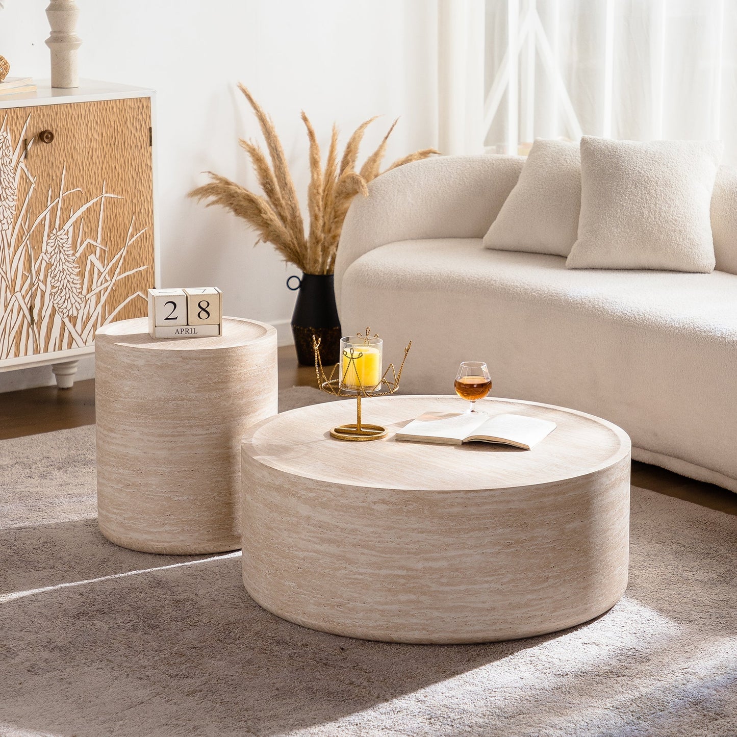 Pair of 31.5'' round coffee tables with Mars pattern in beige stone texture by HouseOfZazla on Tampa Home & Garden Store