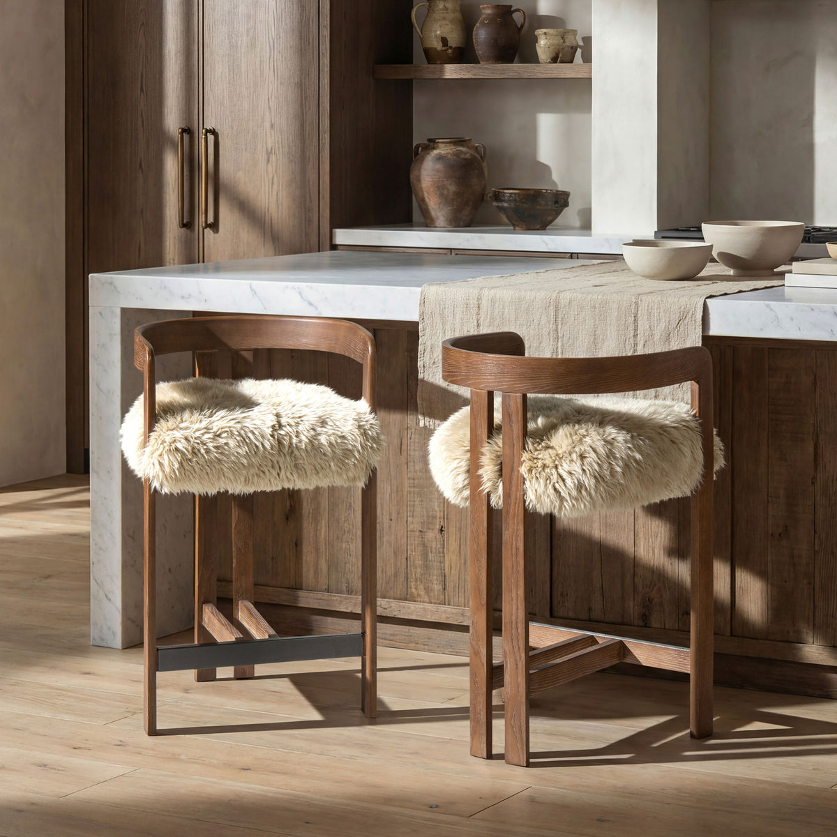 Pair of low back counter stools with brown sheepskin seats, HouseOfZazla, 24–27in counter height on Tampa Home & Garden Store