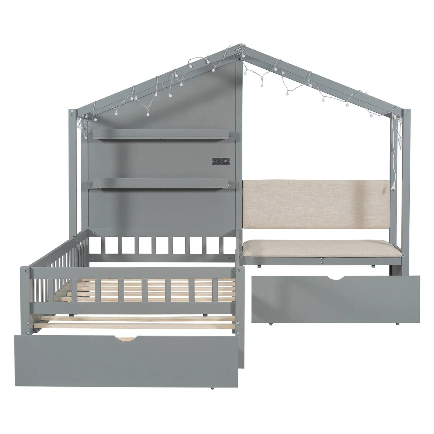 House bed with upholstered sofa, gray metal frame, shelves and 2 drawers, wireless charging station on Tampa Home & Garden Store