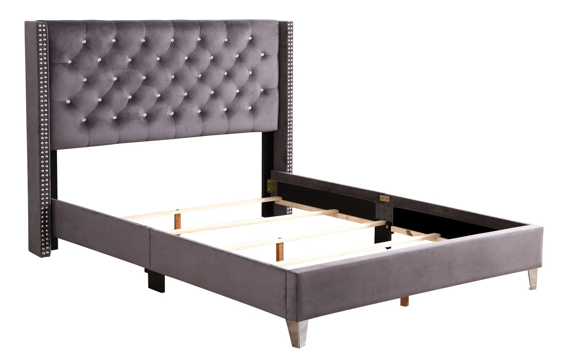 Upholstered Nailhead Trim Chic Bed in grey velvet with tufted headboard and studded rails on Tampa Home & Garden Store