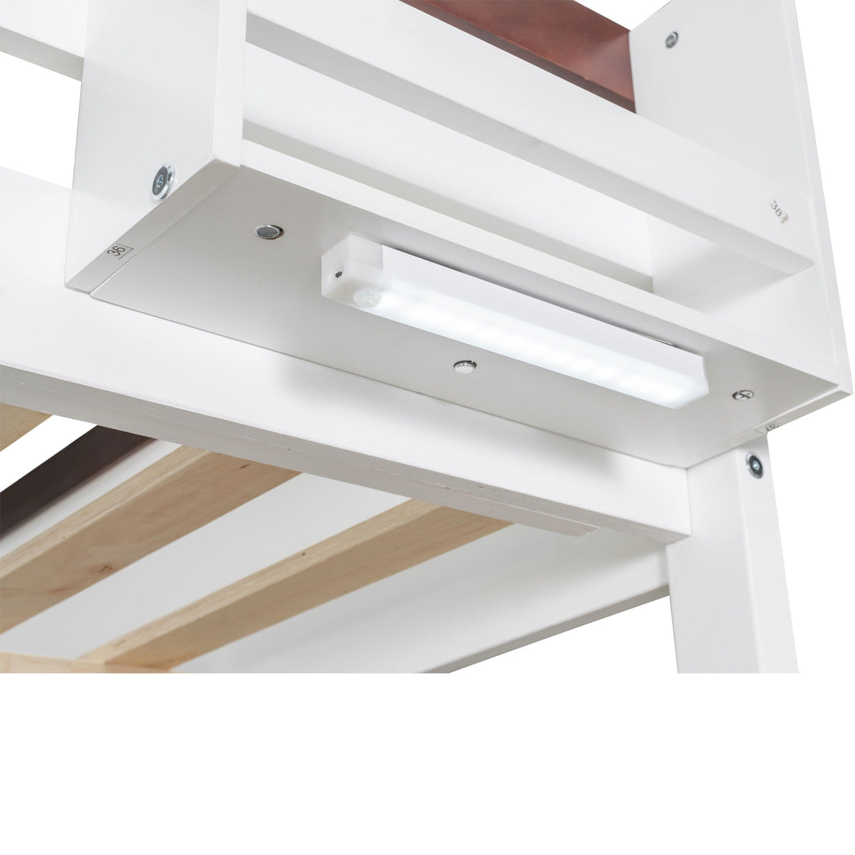 White bunk bed frame with built-in shelves, storage box and LED light strip under bed on Tampa Home & Garden Store