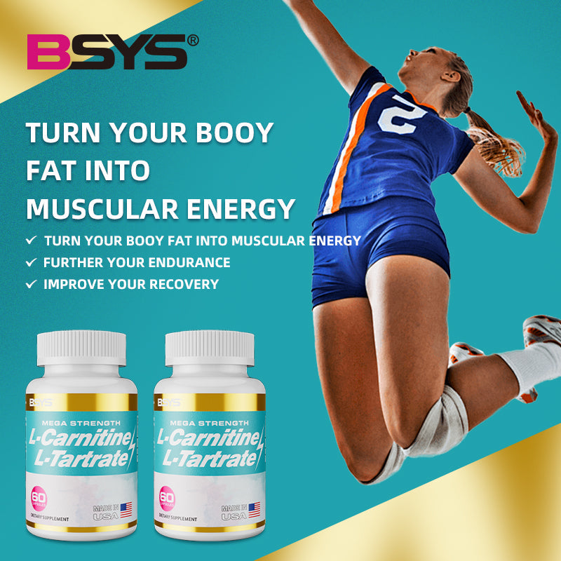 L-Carnitine L-Tartrate Capsules pair; two mega-strength bottles with teal labels and white caps, BSYS Perfecsy branding, athlete jumping background on Tampa Home & Garden Store