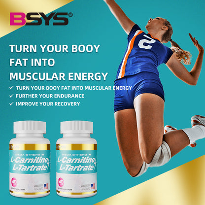 L-Carnitine L-Tartrate Capsules pair; two mega-strength bottles with teal labels and white caps, BSYS Perfecsy branding, athlete jumping background on Tampa Home & Garden Store
