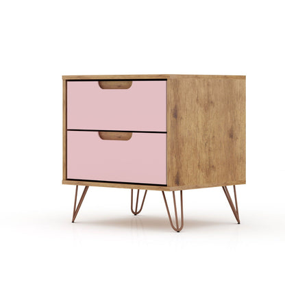 Accent nightstand with natural wood body and two pink drawers on angled metal splayed legs on Tampa Home & Garden Store