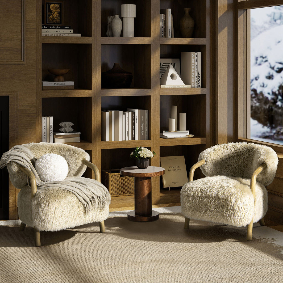Rustic oak sheepskin upholstered arm chairs with ergonomic taupe beige cushions on Tampa Home & Garden Store