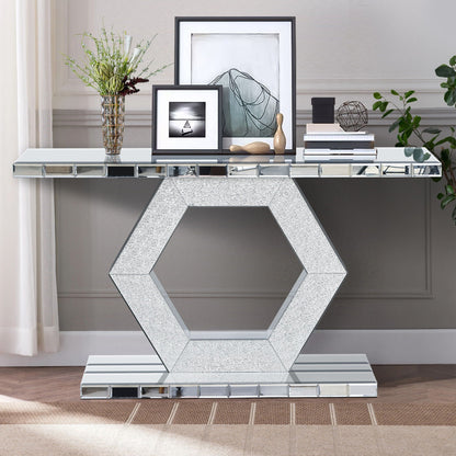 Sparkling crystal hexagon console table in silver finish with mirrored facets by HouseOfZazla on Tampa Home & Garden Store