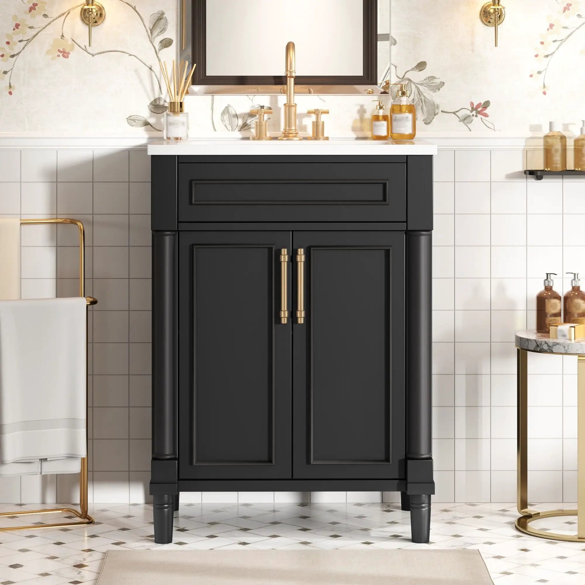 Bathroom vanity with integrated sink, black cabinet, white countertop, 2 doors, brass hardware on Tampa Home & Garden Store