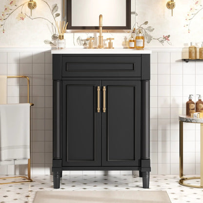 Bathroom vanity with integrated sink, black cabinet, white countertop, 2 doors, brass hardware on Tampa Home & Garden Store