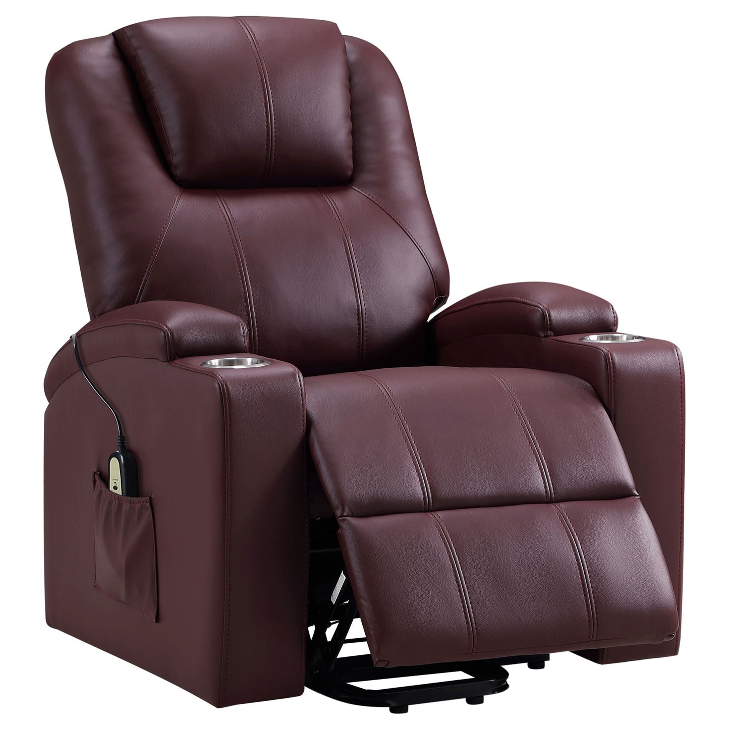 Macklin Power Lift Massage Recliner in burgundy leather with dual cupholders on Tampa Home & Garden Store