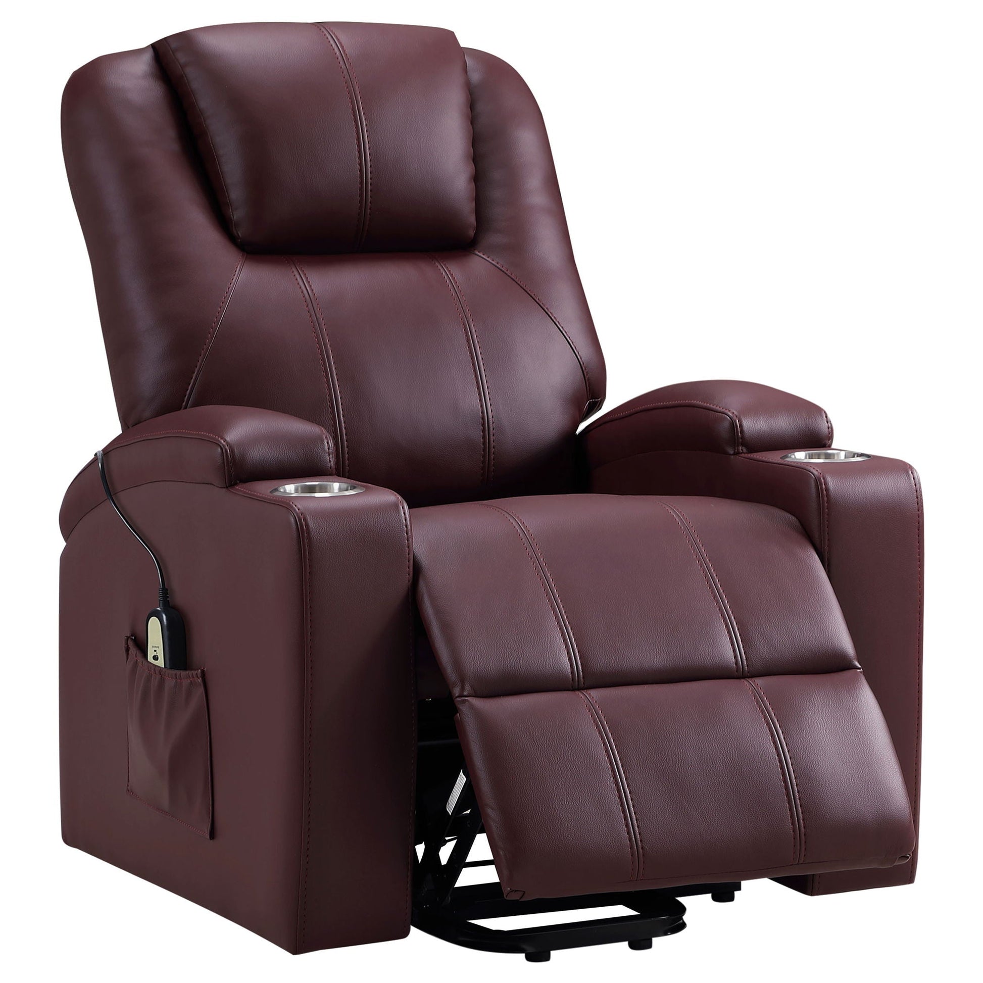 Macklin Power Lift Massage Recliner in burgundy leather with dual cupholders on Tampa Home & Garden Store