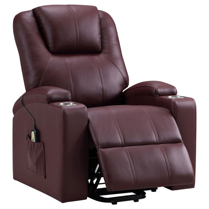 Macklin Power Lift Massage Recliner in burgundy leather with dual cupholders on Tampa Home & Garden Store