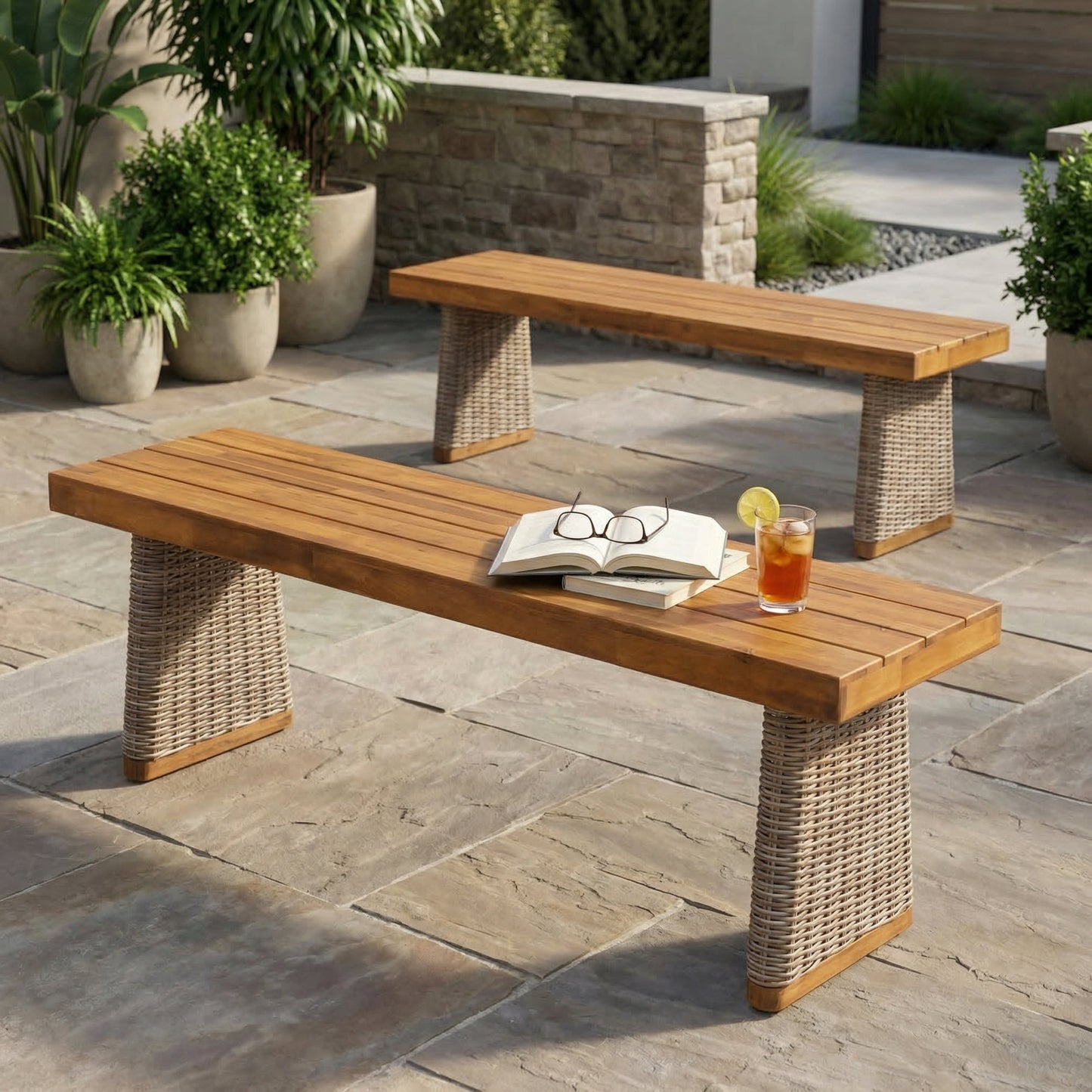 Outdoor Acacia Wood Bench Set of Two Pieces