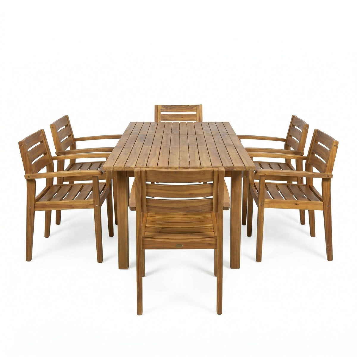 Acacia wood outdoor dining table and chairs set with slatted surfaces on Tampa Home & Garden Store