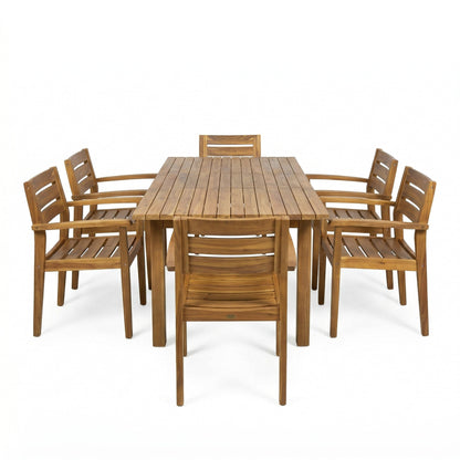 Acacia wood outdoor dining table and chairs set with slatted surfaces on Tampa Home & Garden Store