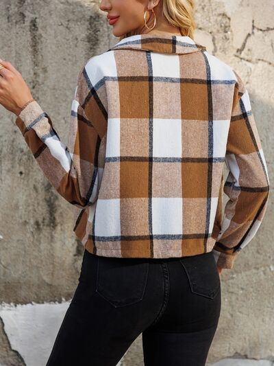 Stevvex women's cropped brown plaid jacket with collared neck on Tampa Home & Garden Store