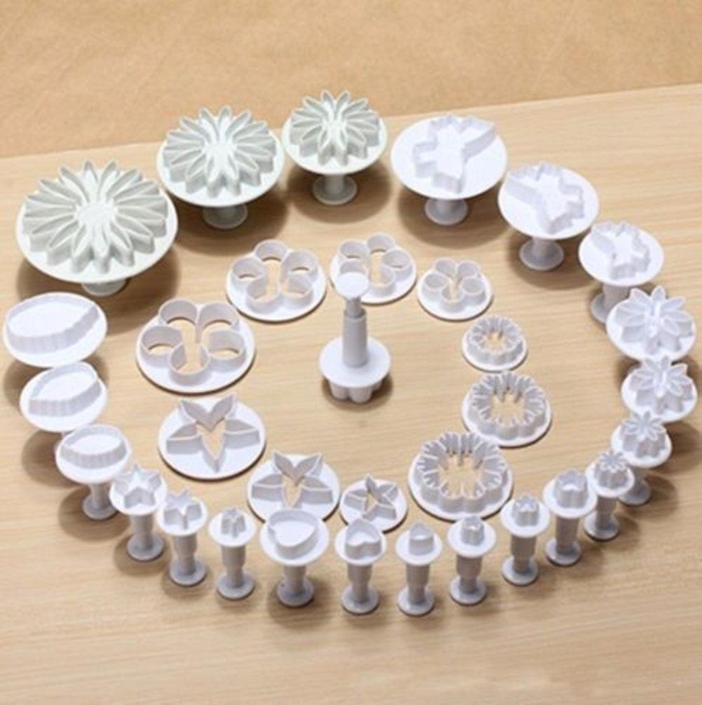 Stevvex 33pc fondant cutter set white plastic cake tools cookie mold with flower shapes on Tampa Home & Garden Store