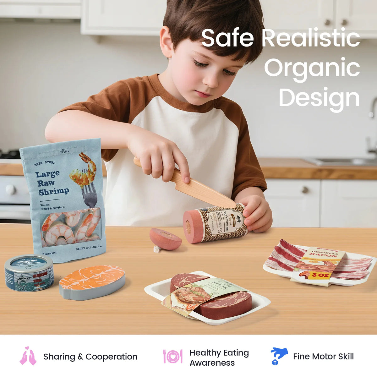 Tiny Land Organic Meat & Seafood Pack play food set with shrimp and sliced meats on counter on Tampa Home & Garden Store