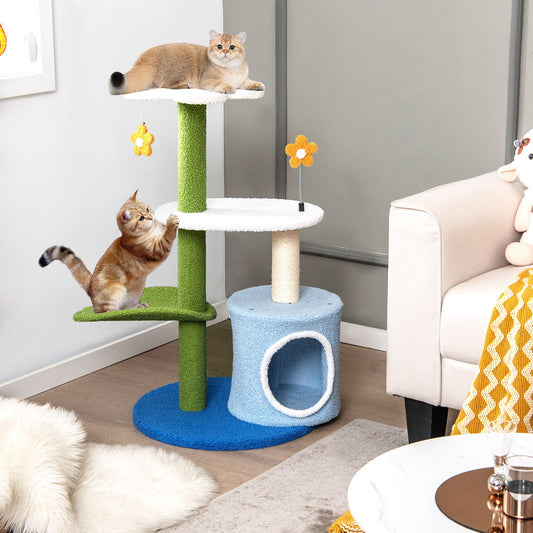 34.5 Inch 4-Tier Cute Cat Tree with Jingling Balls and Condo-Blue - Tampa Home & Garden Store