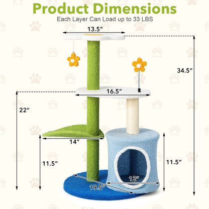34.5 Inch 4-Tier Cute Cat Tree with Jingling Balls and Condo-Blue