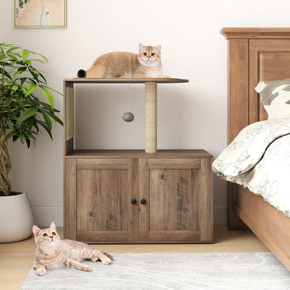 34.5 Inch Cat Tree with Litter Box Enclosure with Sisal Scratching Post and Mat-Gray