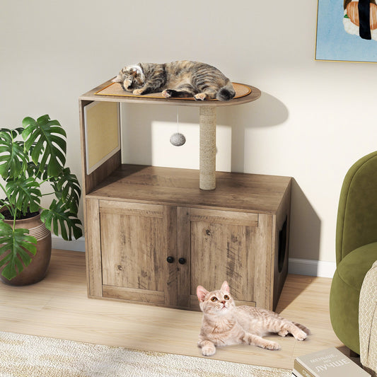 34.5 Inch Cat Tree with Litter Box Enclosure with Sisal Scratching Post and Mat-Gray - Tampa Home & Garden Store