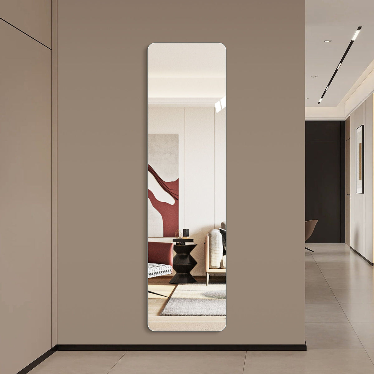 Full Body Round Corner Mirror with a slim silver frame on taupe wall on Tampa Home & Garden Store