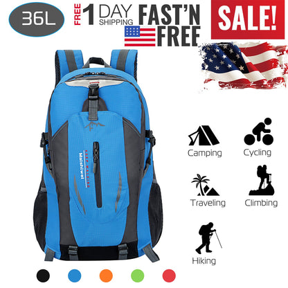 GemGear 36L Outdoor Backpack waterproof daypack in blue with gray panels and padded chest straps on Tampa Home & Garden Store