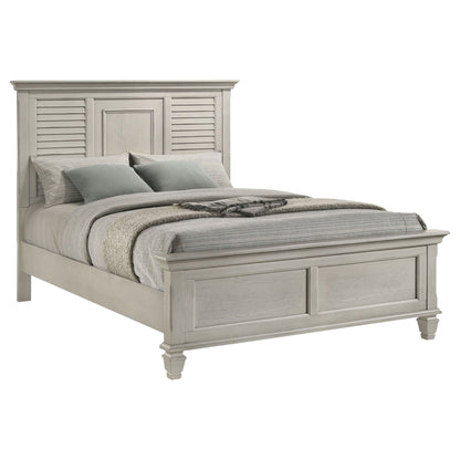 Durable Construction Panel Bed by HouseOfZazla in light gray distressed wood with paneled headboard on Tampa Home & Garden Store